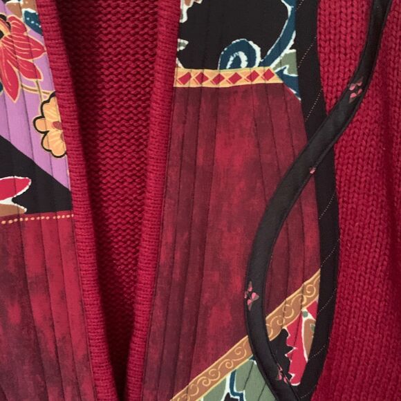 Koos of Course Cardigan Medium Silk Blend  Red Appliqued Mandarin Collar Artsy - Picture 5 of 14